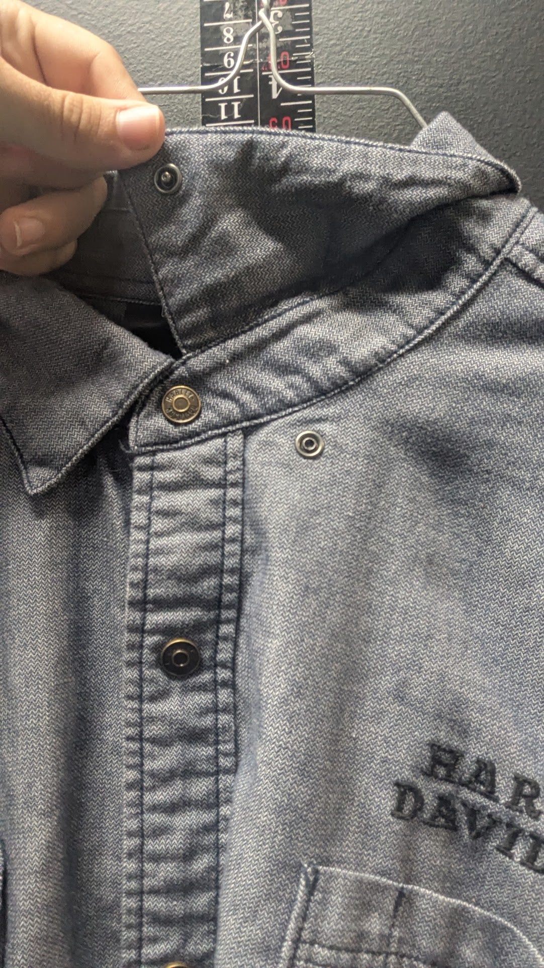 Harley-Davidson Men’s 2XL Gray Denim Look Long Sleeve Button Up Shirt Embroidered