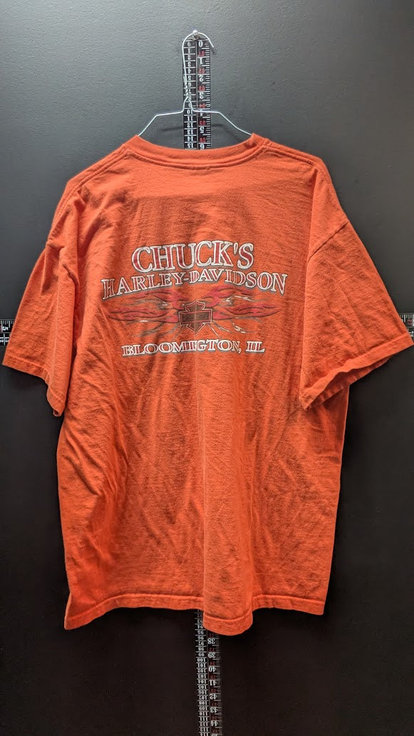 Vintage 2003 Harley Davidson Chucks Bloomington IL T Shirt XL Orange