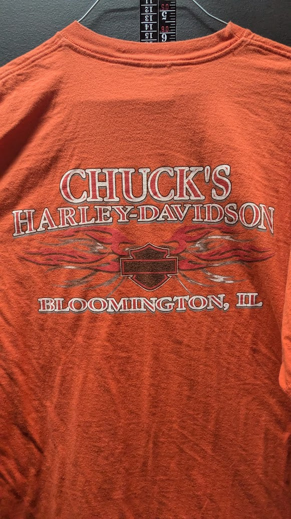 Vintage 2003 Harley Davidson Chucks Bloomington IL T Shirt XL Orange