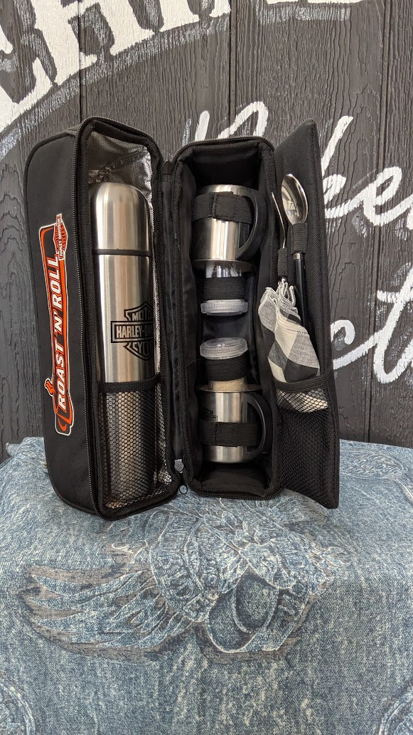 Harley-Davidson Roast N Roll Travel Coffee Set Thermos 2 Mugs Spoons Case Complete