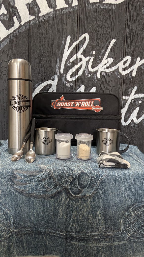 Harley-Davidson Roast N Roll Travel Coffee Set Thermos 2 Mugs Spoons Case Complete