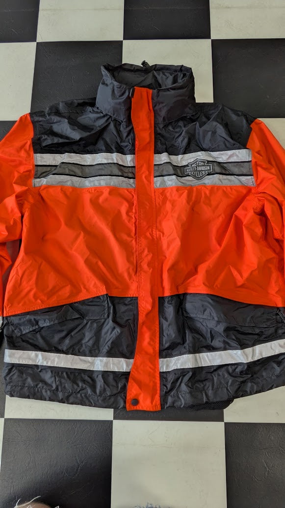 Vintage Harley-Davidson 2-Pc Motorcycle Rain Suit Orange Black Reflective XL