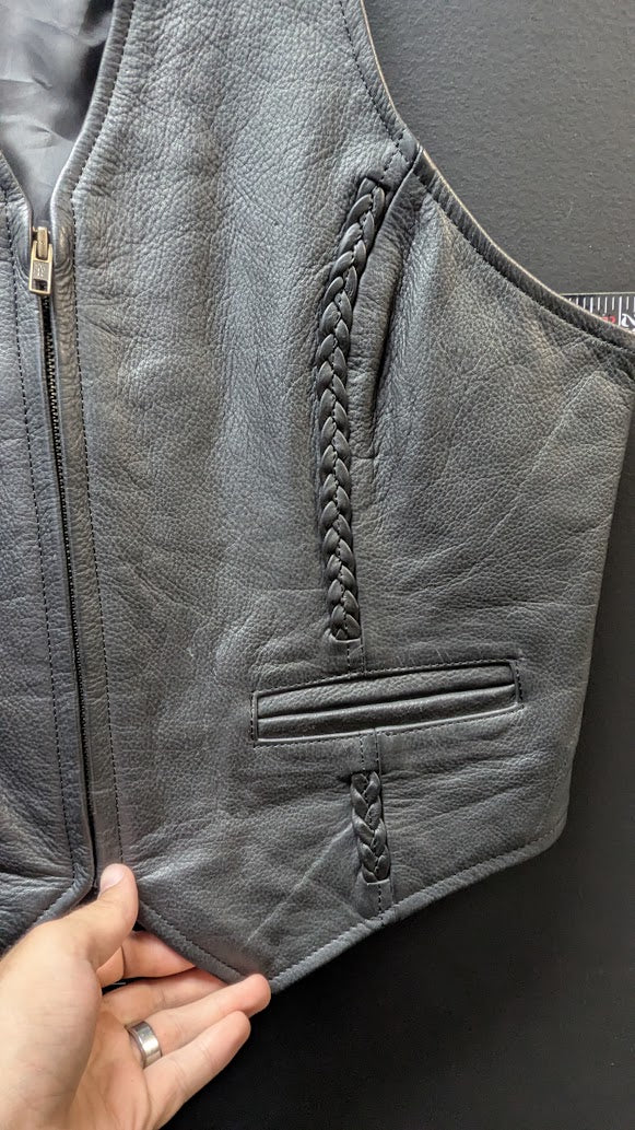 Vintage Universal Rider Genuine Leather Motorcycle Vest Black Braided Lace-Up L