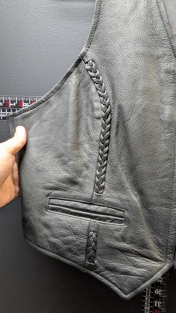 Vintage Universal Rider Genuine Leather Motorcycle Vest Black Braided Lace-Up L
