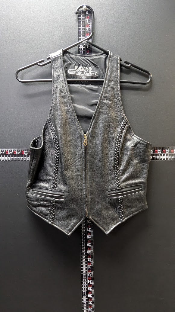 Vintage Leather Gallery Genuine Leather Motorcycle Vest Black Braided Zip Front Women's 10