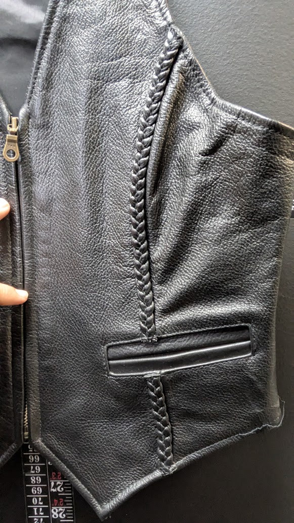 Vintage Leather Gallery Genuine Leather Motorcycle Vest Black Braided Zip Front Women's 10