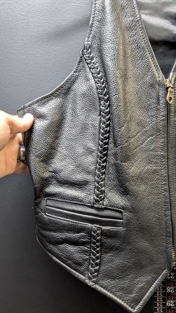 Vintage Leather Gallery Genuine Leather Motorcycle Vest Black Braided Zip Front Women's 10