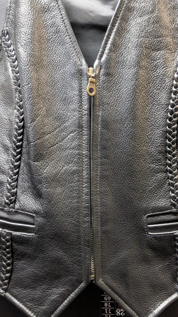 Vintage Leather Gallery Genuine Leather Motorcycle Vest Black Braided Zip Front Women's 10