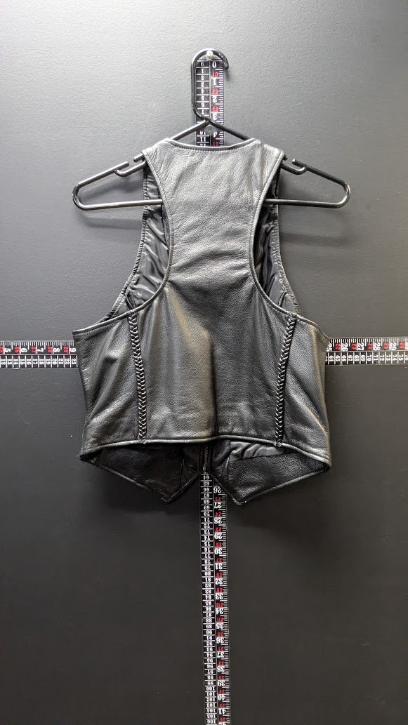 Vintage Leather Gallery Genuine Leather Motorcycle Vest Black Braided Zip Front Women's 10