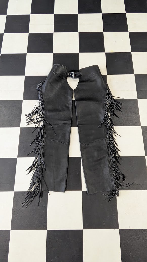 Vintage Black Leather Fringe Motorcycle Chaps Women's Small 22" Thigh Western Biker