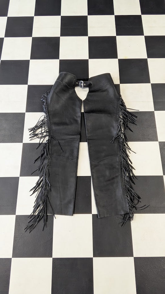 Vintage Black Leather Fringe Motorcycle Chaps Women's Small 22" Thigh Western Biker