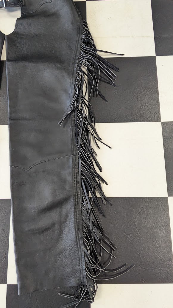 Vintage Black Leather Fringe Motorcycle Chaps Women's Small 22" Thigh Western Biker