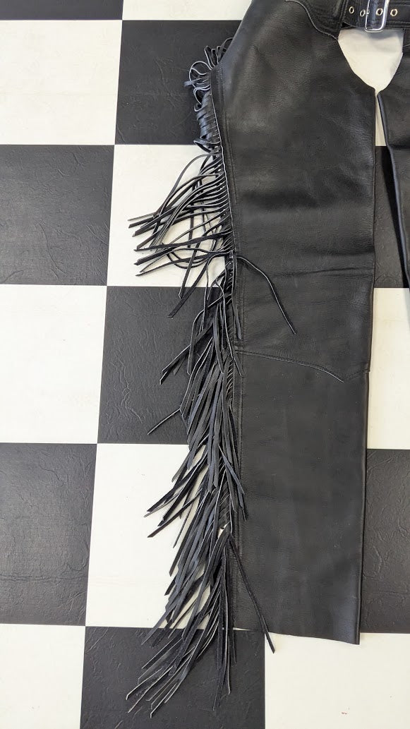Vintage Black Leather Fringe Motorcycle Chaps Women's Small 22" Thigh Western Biker
