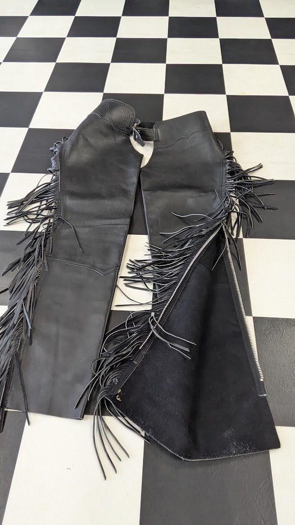 Vintage Black Leather Fringe Motorcycle Chaps Women's Small 22" Thigh Western Biker