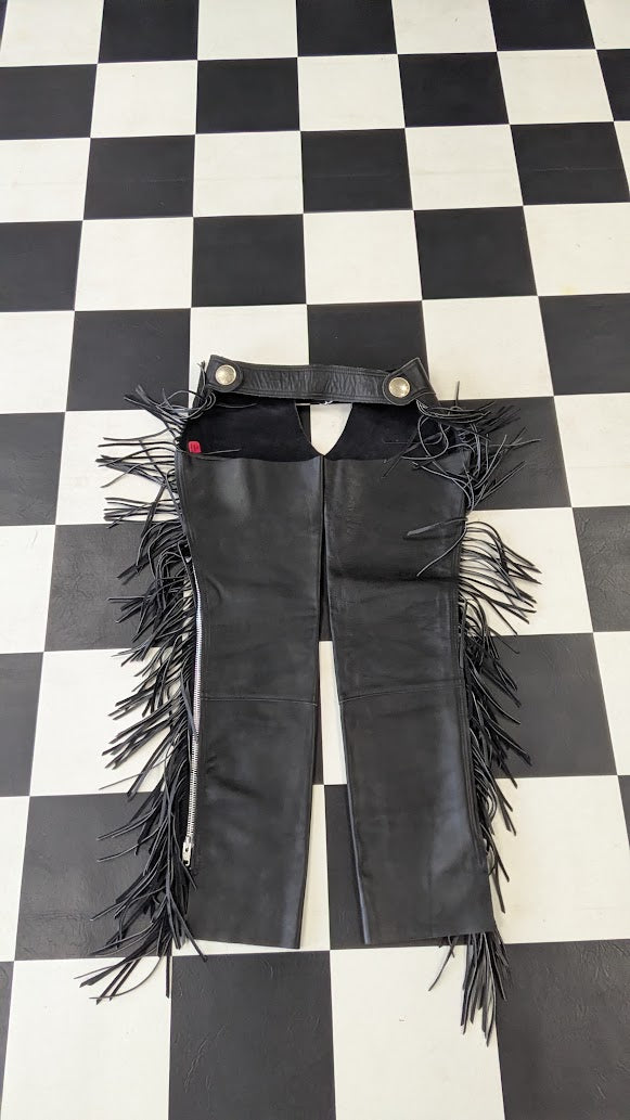 Vintage Black Leather Fringe Motorcycle Chaps Women's Small 22" Thigh Western Biker