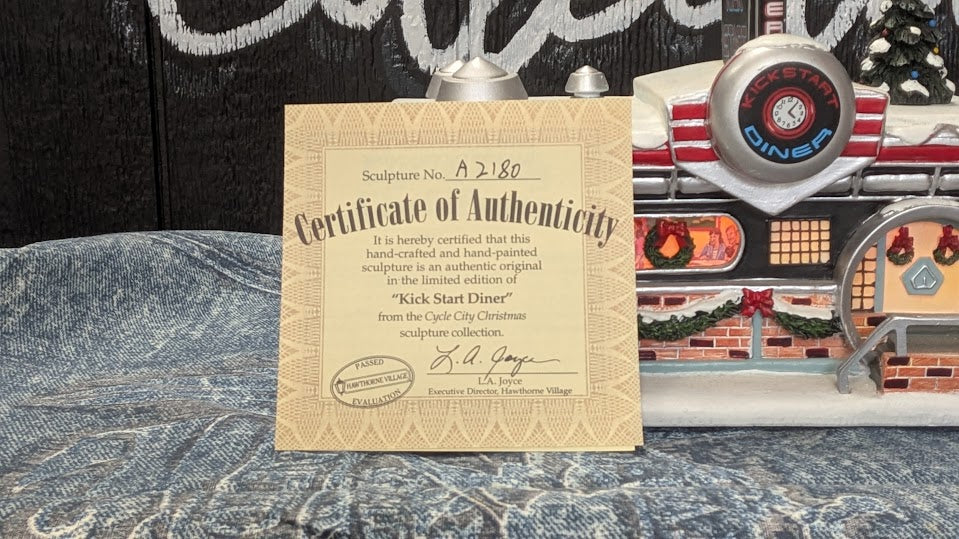 2006 Hawthorne Village Kick Start Diner Cycle City Christmas Motorcycle Village A2180 w/ COA