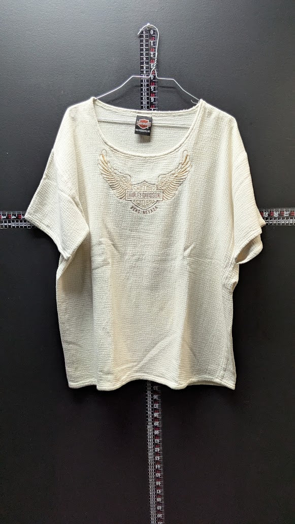 Harley-Davidson Women’s Cream Waffle Knit Top Embroidered Wings Cotton Deluxe