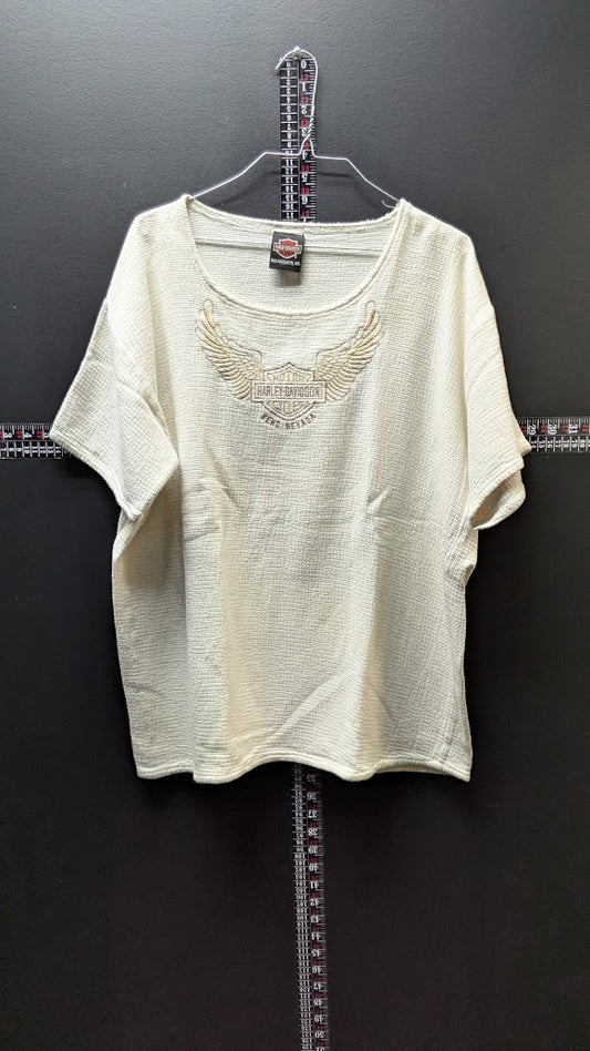 Harley-Davidson Women’s Cream Waffle Knit Top Embroidered Wings Cotton Deluxe
