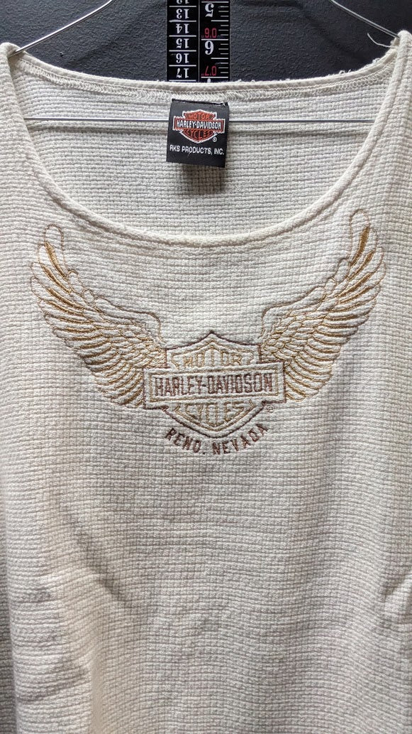 Harley-Davidson Women’s Cream Waffle Knit Top Embroidered Wings Cotton Deluxe