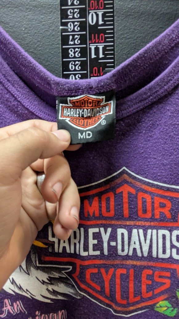 3D Emblem Harley-Davidson Women’s Medium Purple Tie Front Tank Top Eagle Roses