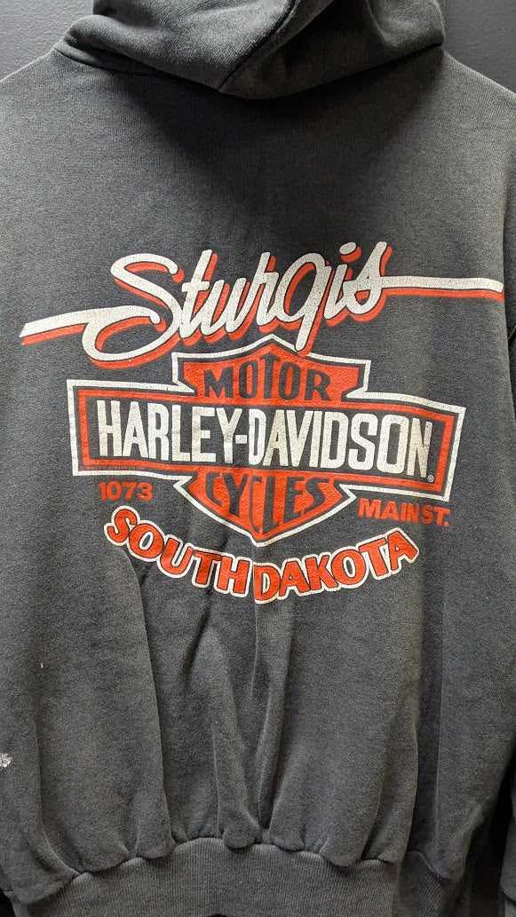 Vintage 1990 3D Emblem Harley-Davidson Sturgis Hoodie Large Hanes USA Black