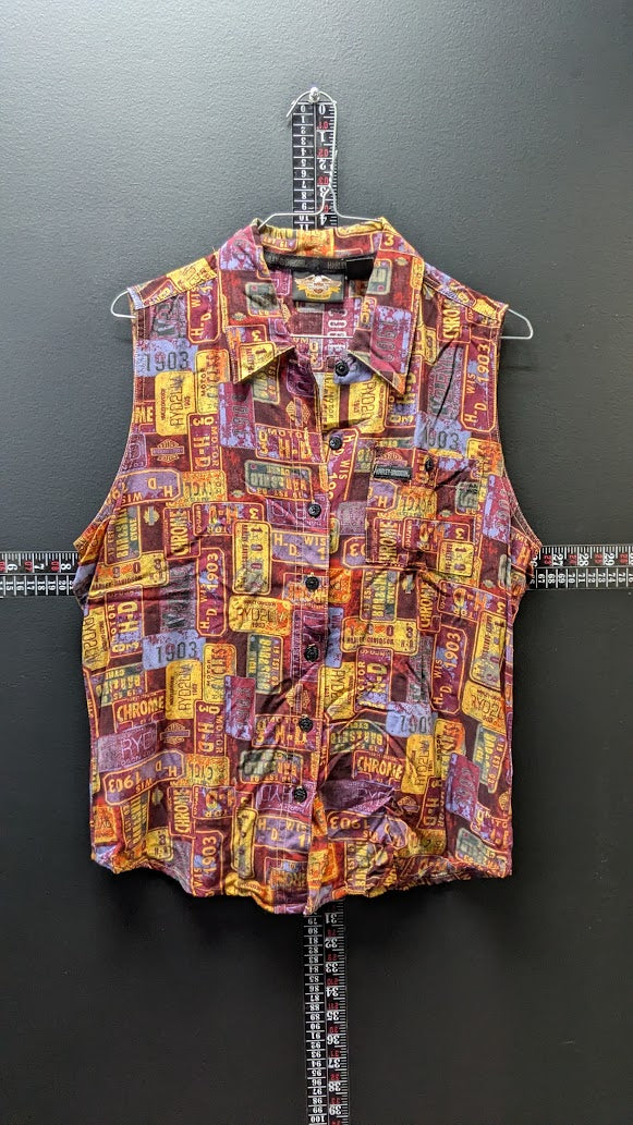 Harley-Davidson License Plate Print Vest Women’s Large Button Front Vintage Y2K