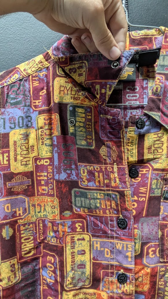Harley-Davidson License Plate Print Vest Women’s Large Button Front Vintage Y2K