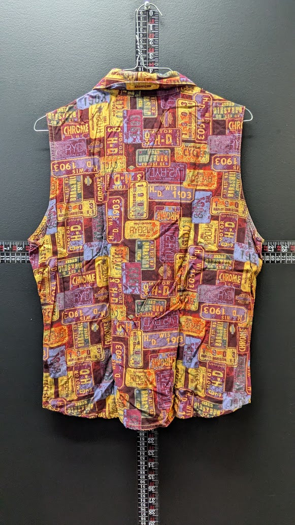 Harley-Davidson License Plate Print Vest Women’s Large Button Front Vintage Y2K