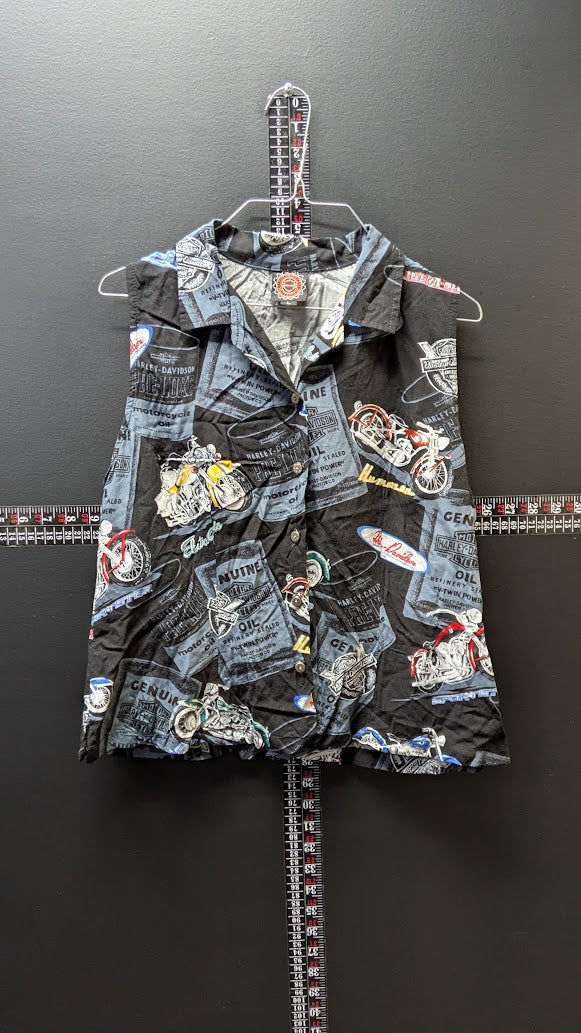 Harley-Davidson Women’s Large Sleeveless Shirt Motorcycle Oil Can All Over Print