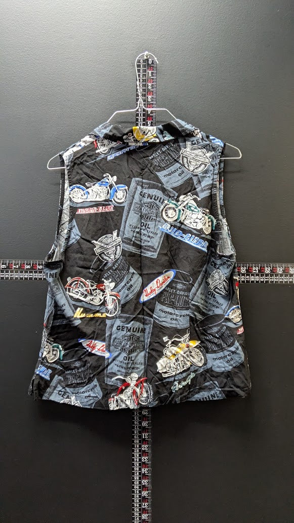 Harley-Davidson Women’s Large Sleeveless Shirt Motorcycle Oil Can All Over Print