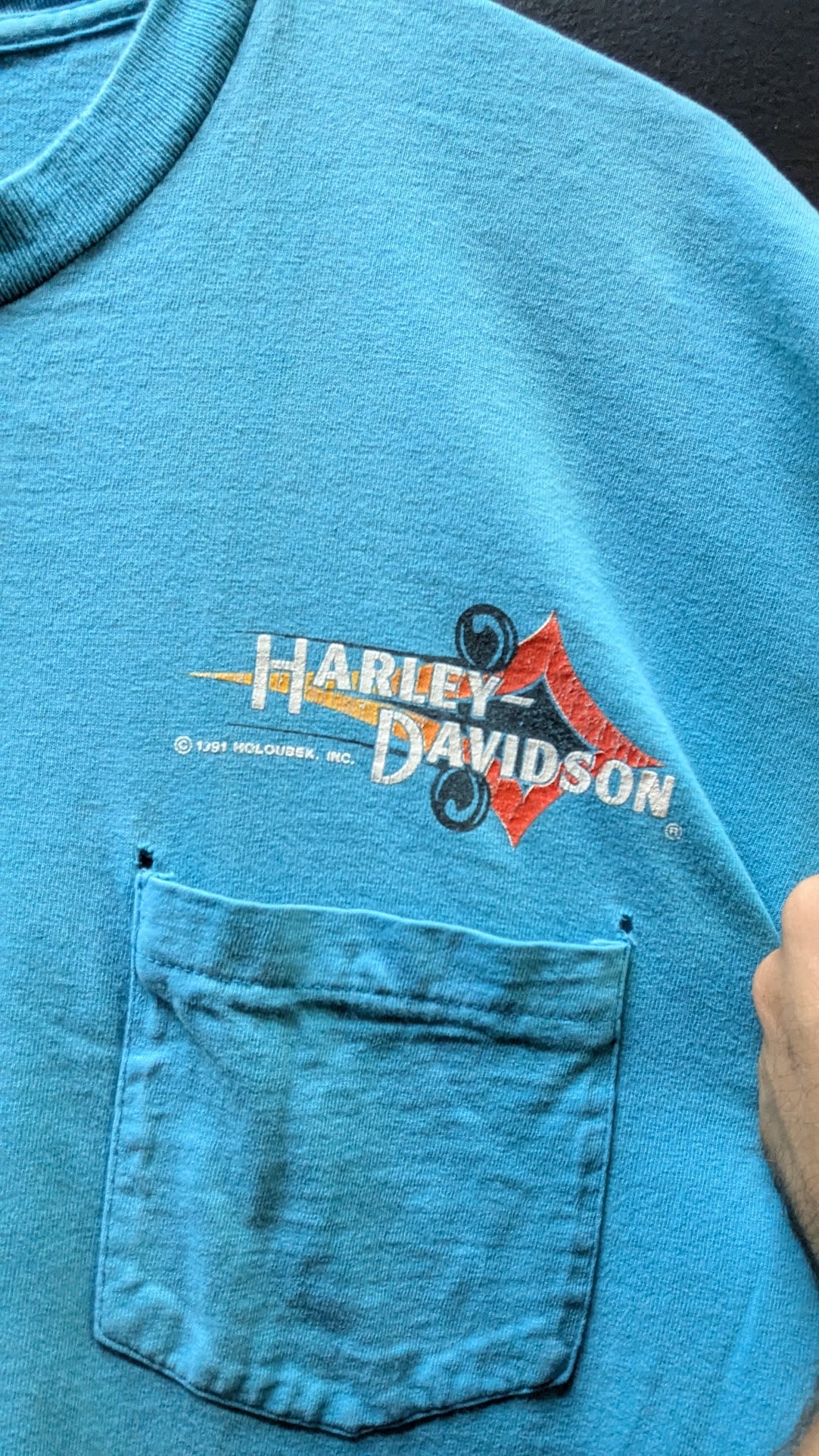 Vintage 1991 Harley-Davidson Pocket T-Shirt Men’s XL Teal Holoubek
