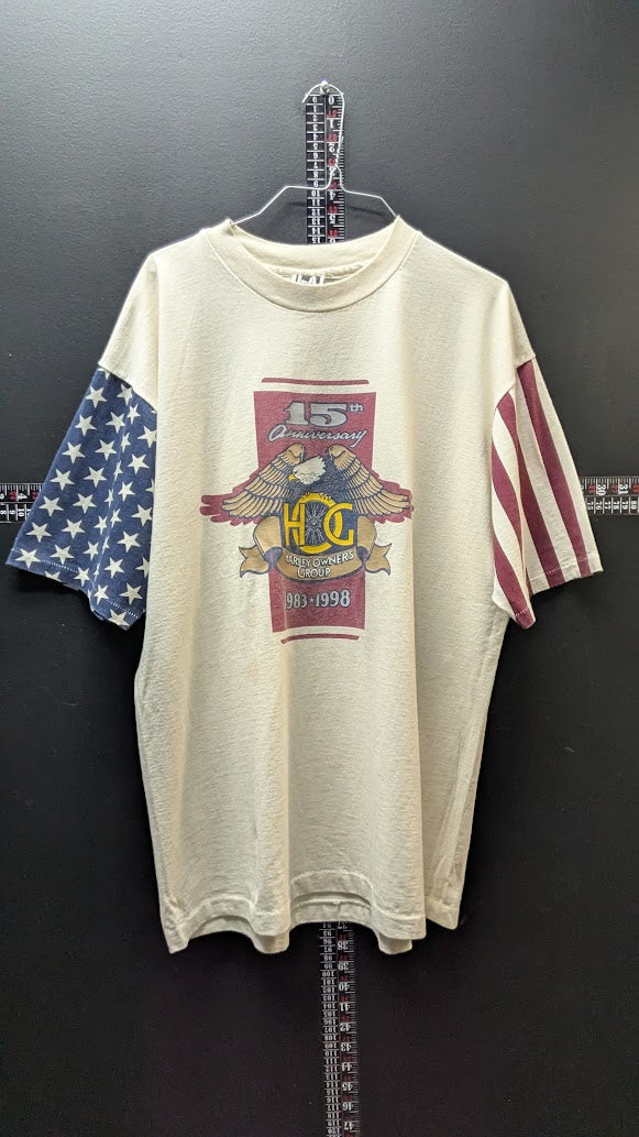 Vintage 1998 Harley-Davidson HOG 15th Anniversary T-Shirt XL USA Flag Sleeves