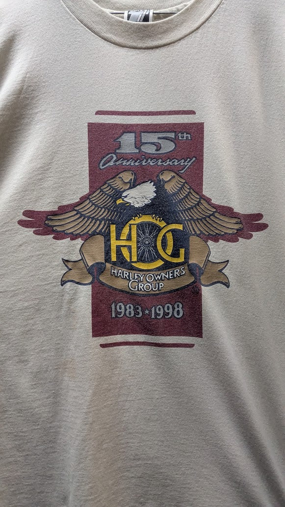 Vintage 1998 Harley-Davidson HOG 15th Anniversary T-Shirt XL USA Flag Sleeves