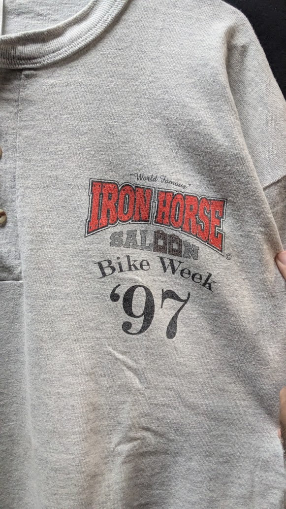 Vintage 1997 Iron Horse Saloon Bike Week Long Sleeve Henley Shirt L