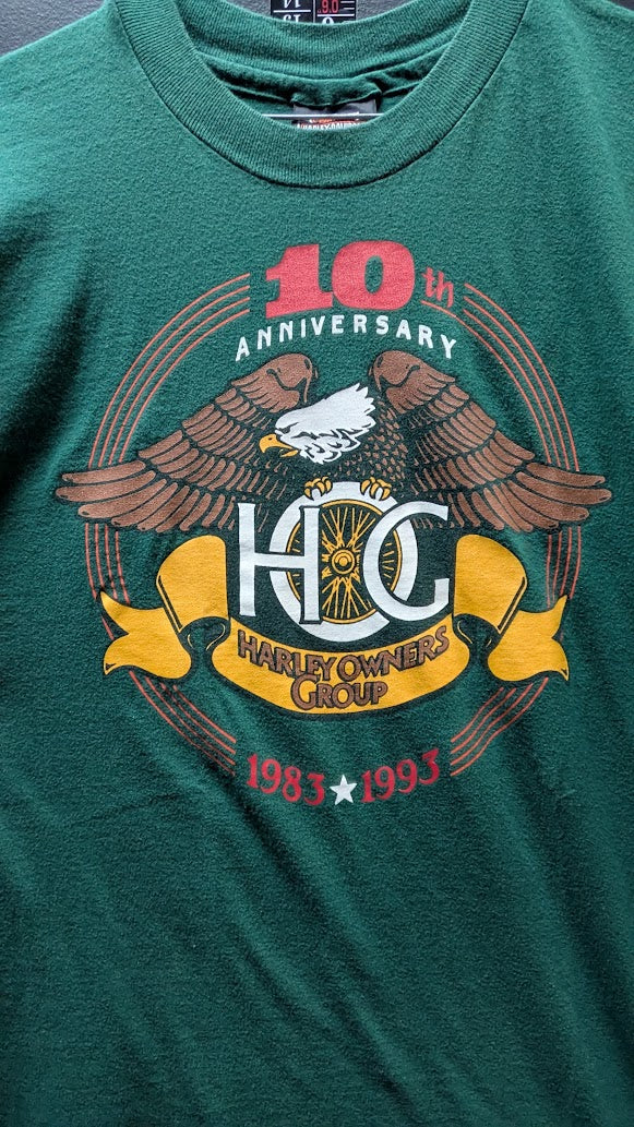 Vintage 1993 Harley-Davidson H.O.G. 10th Anniversary T-Shirt Men’s Large Green Double Sided