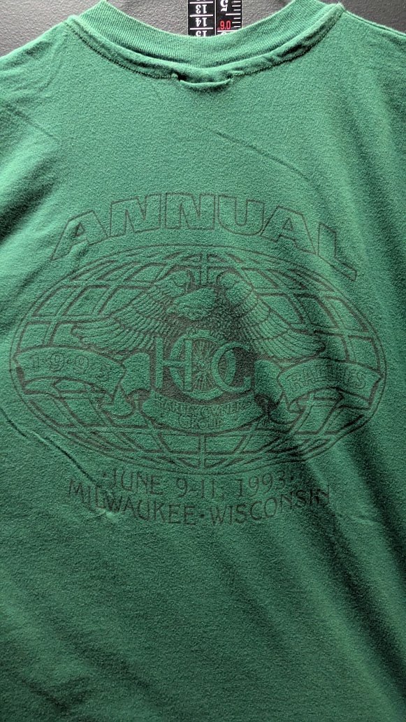 Vintage 1993 Harley-Davidson H.O.G. 10th Anniversary T-Shirt Men’s Large Green Double Sided