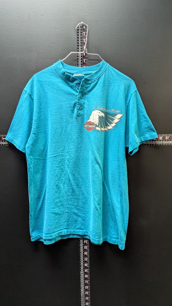 Vintage 1988 Harley-Davidson 3D Emblem America’s Pride Henley T-Shirt Large USA