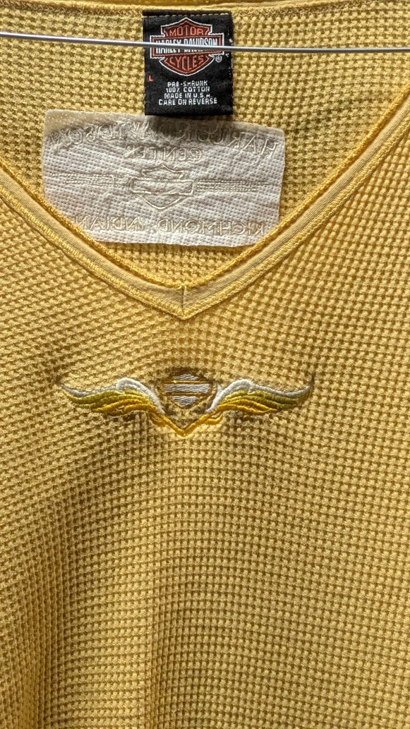 Vintage Harley-Davidson Thermal Shirt L Gold Waffle Knit USA Made R.K. Stratman
