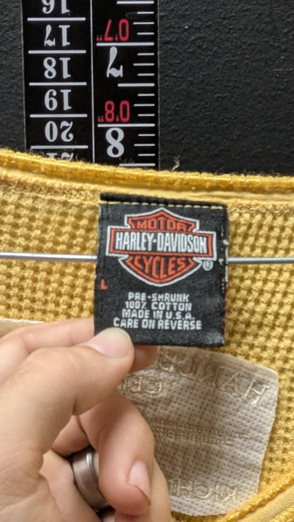 Vintage Harley-Davidson Thermal Shirt L Gold Waffle Knit USA Made R.K. Stratman