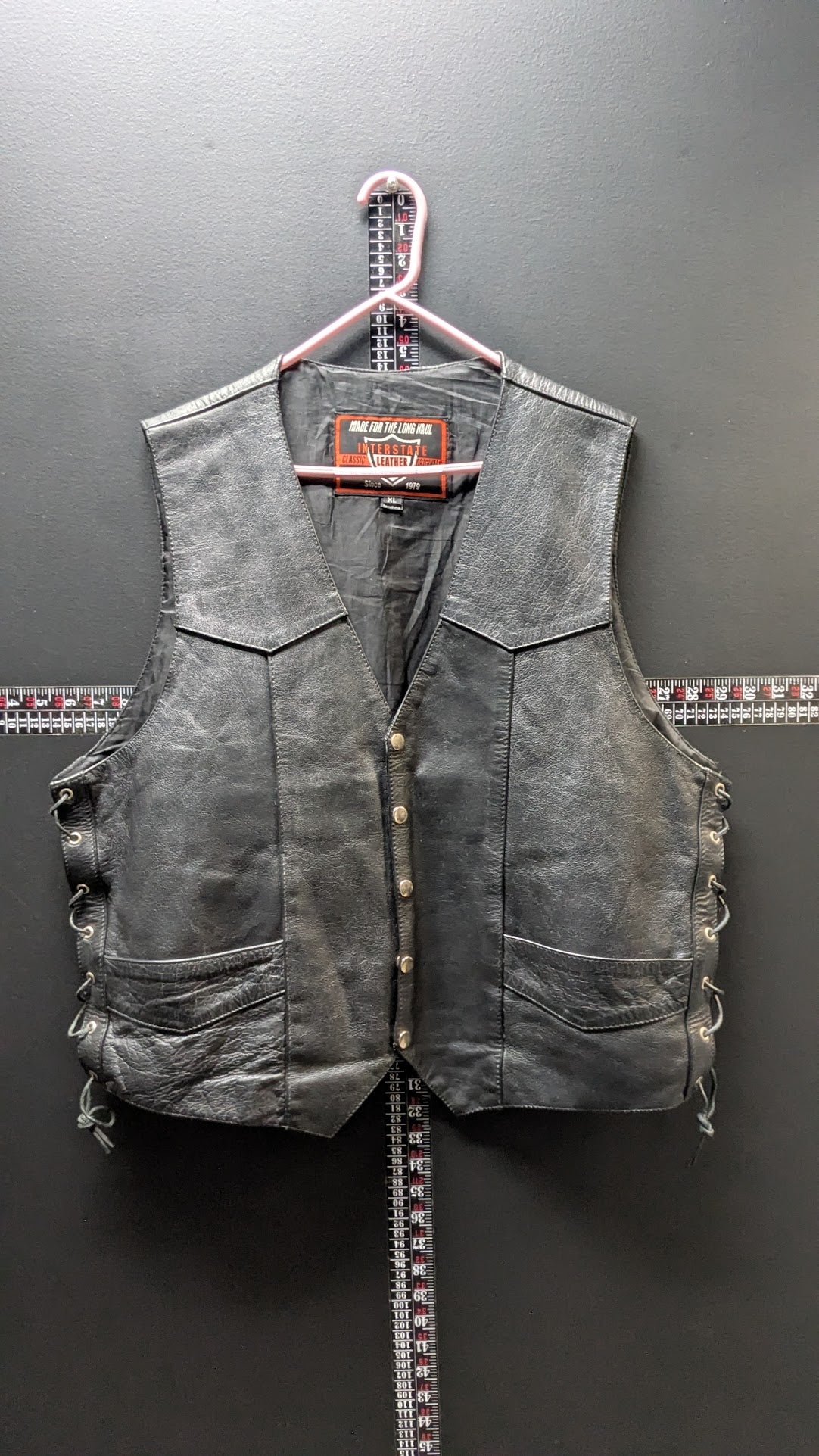 Vintage Interstate Classic Leather Motorcycle Vest XL Black Lace-Up Sides Biker