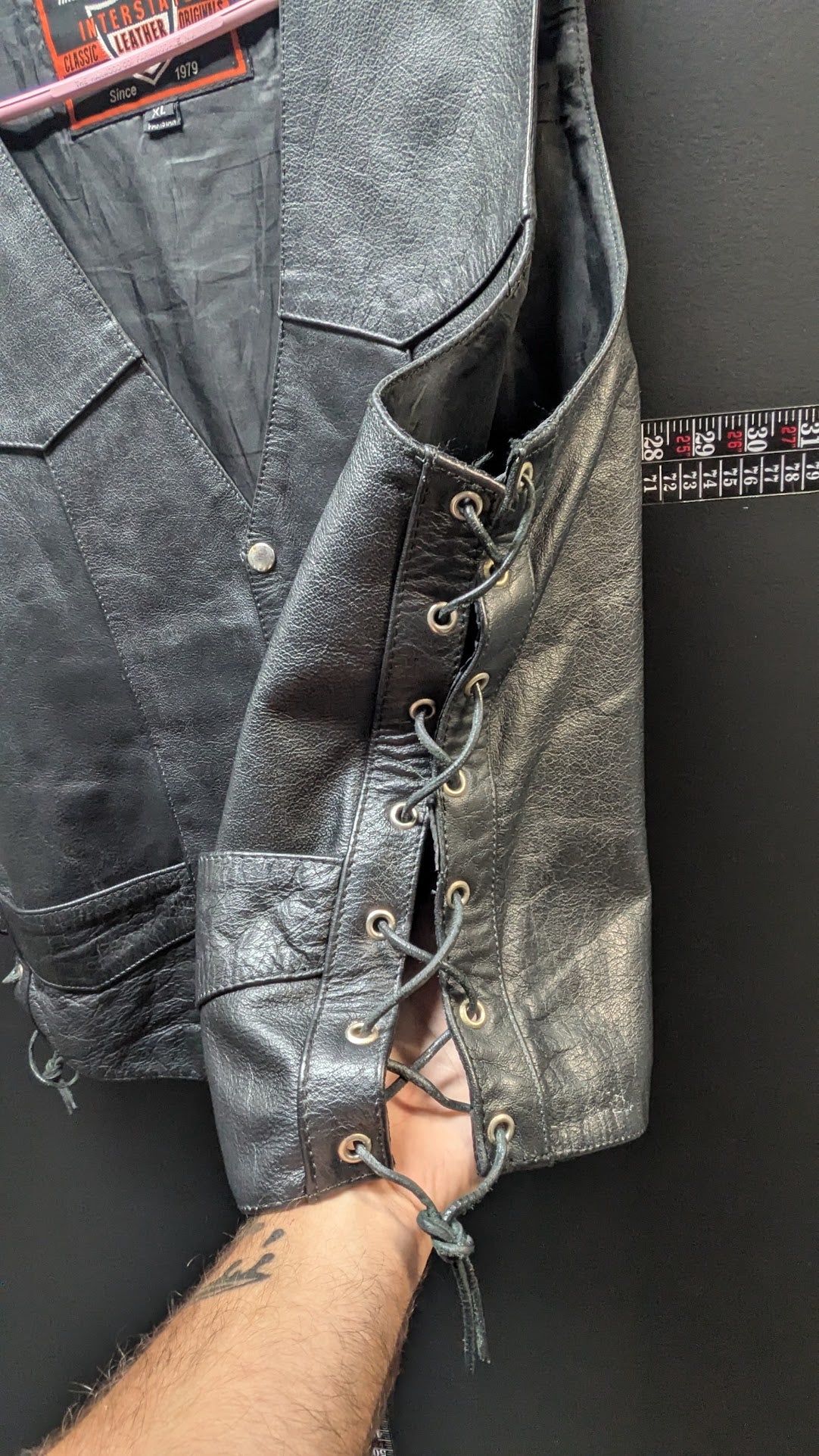 Vintage Interstate Classic Leather Motorcycle Vest XL Black Lace-Up Sides Biker