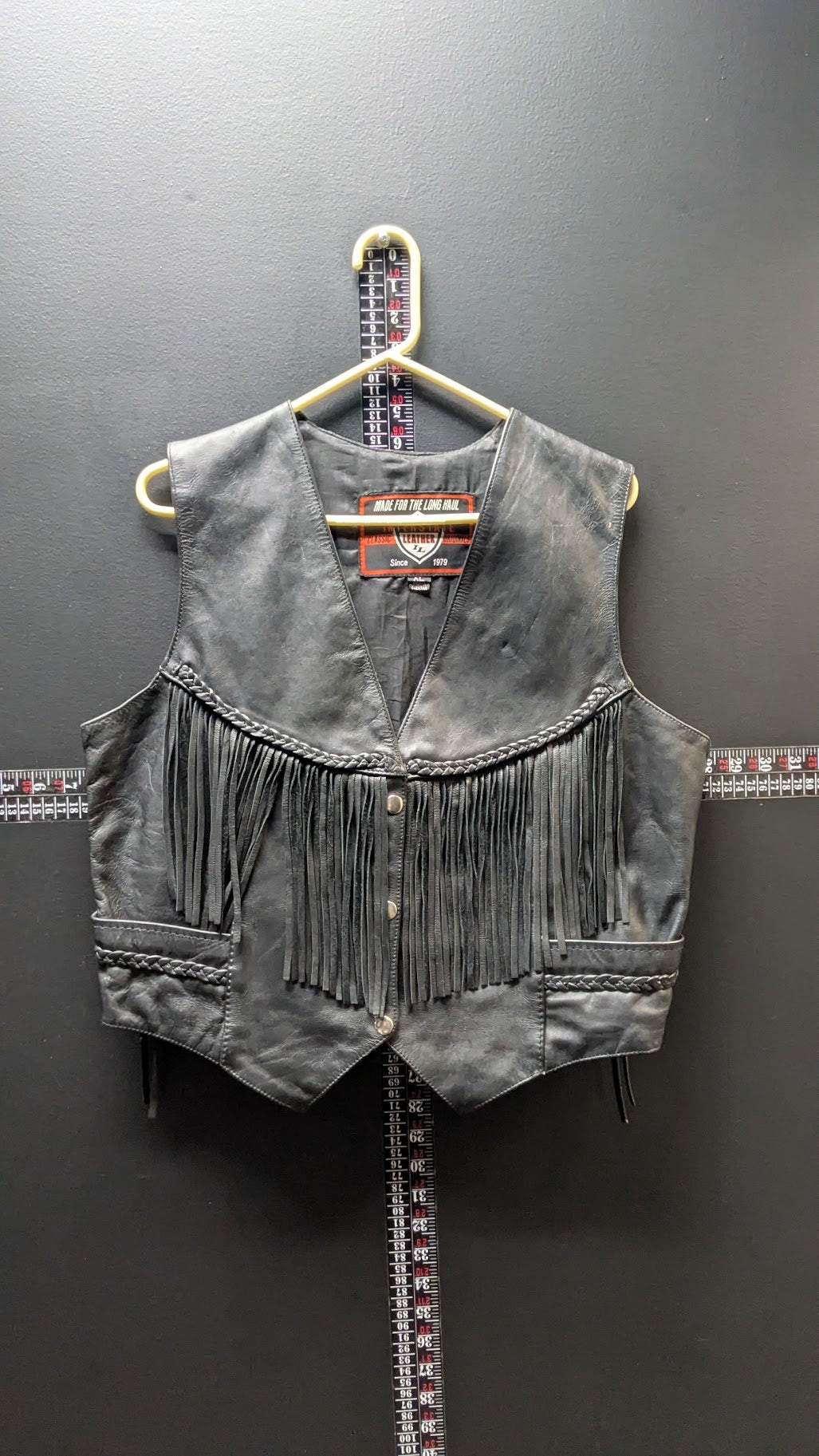Vintage Interstate Leather Originals Black Leather Fringe Biker Vest XL