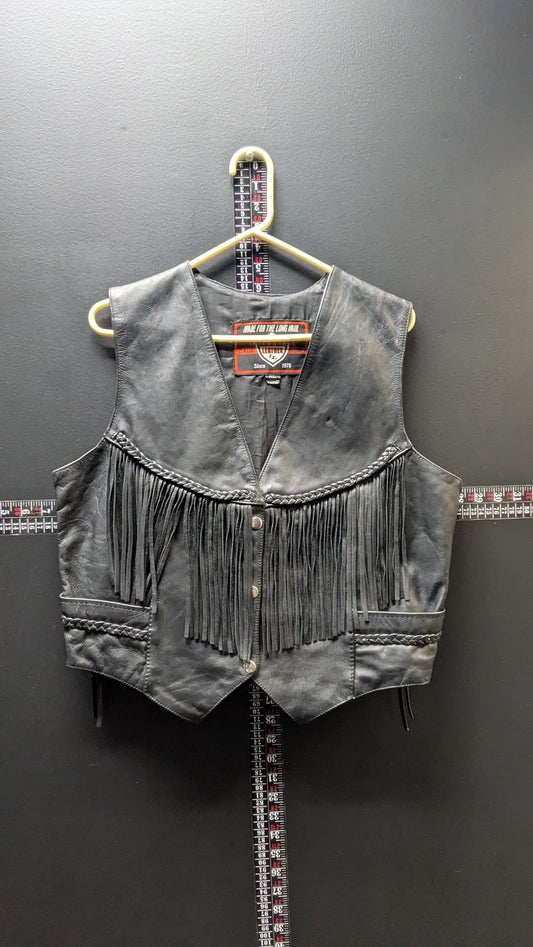 Vintage Interstate Leather Originals Black Leather Fringe Biker Vest XL