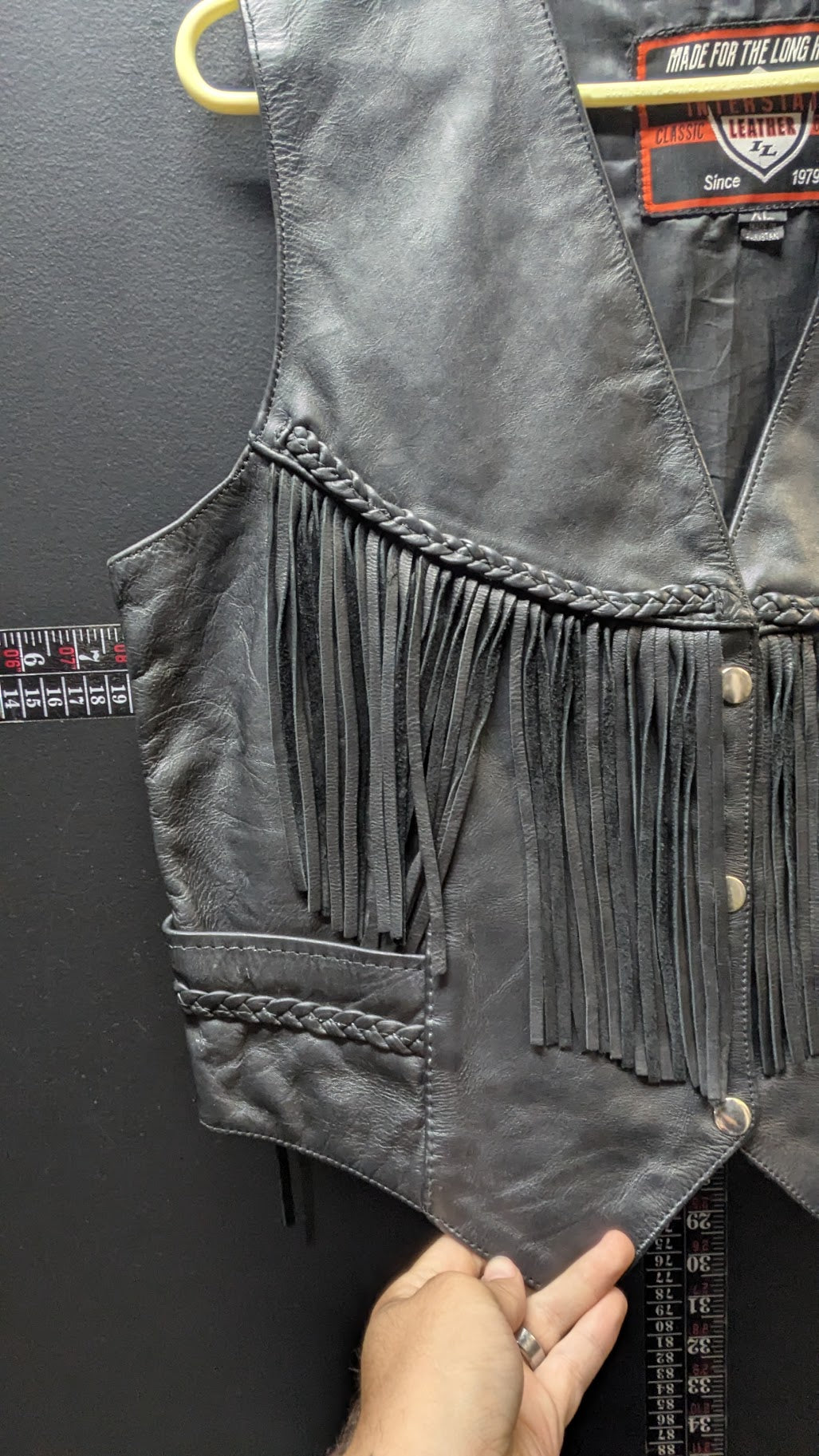 Vintage Interstate Leather Originals Black Leather Fringe Biker Vest XL
