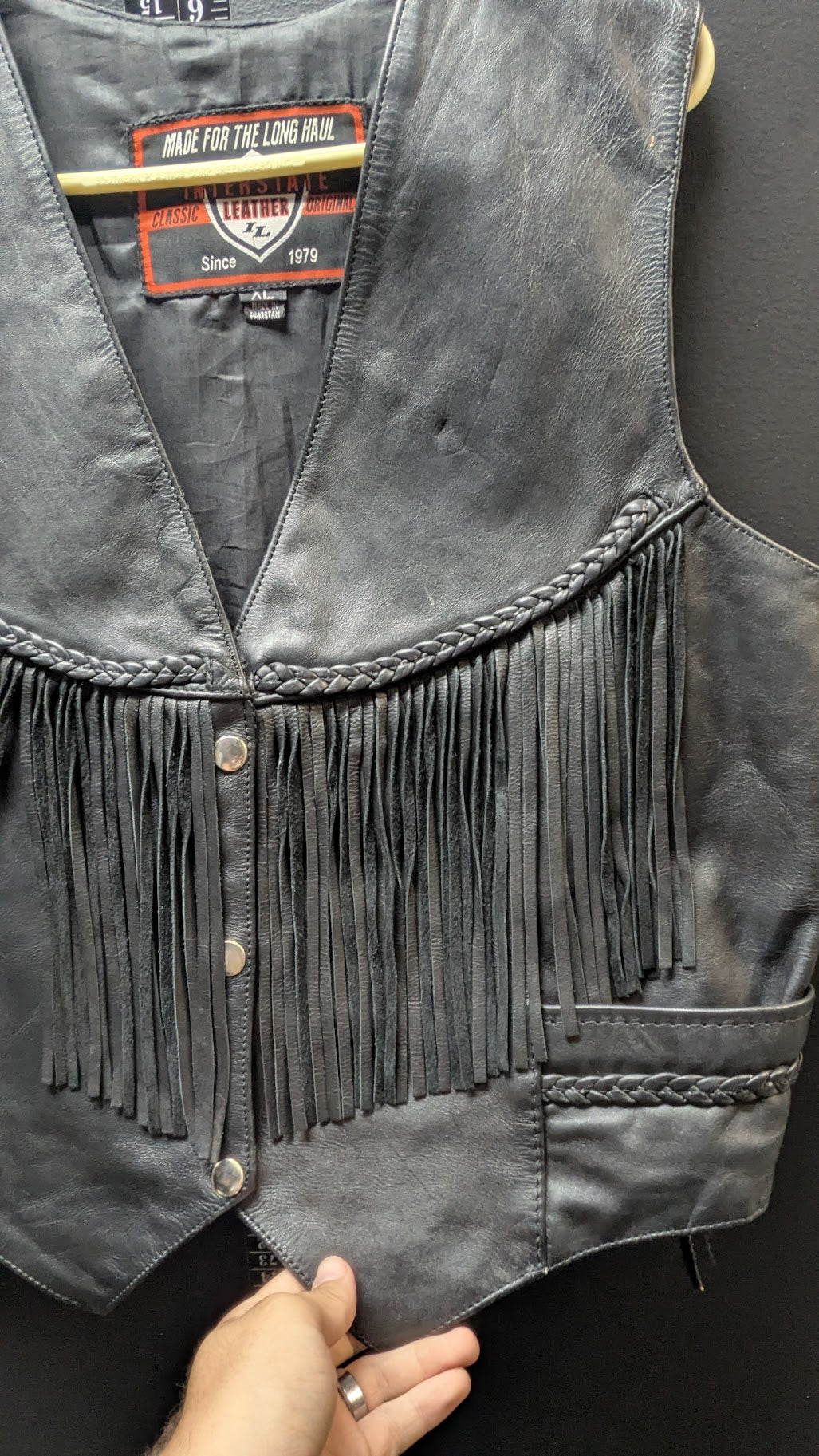 Vintage Interstate Leather Originals Black Leather Fringe Biker Vest XL