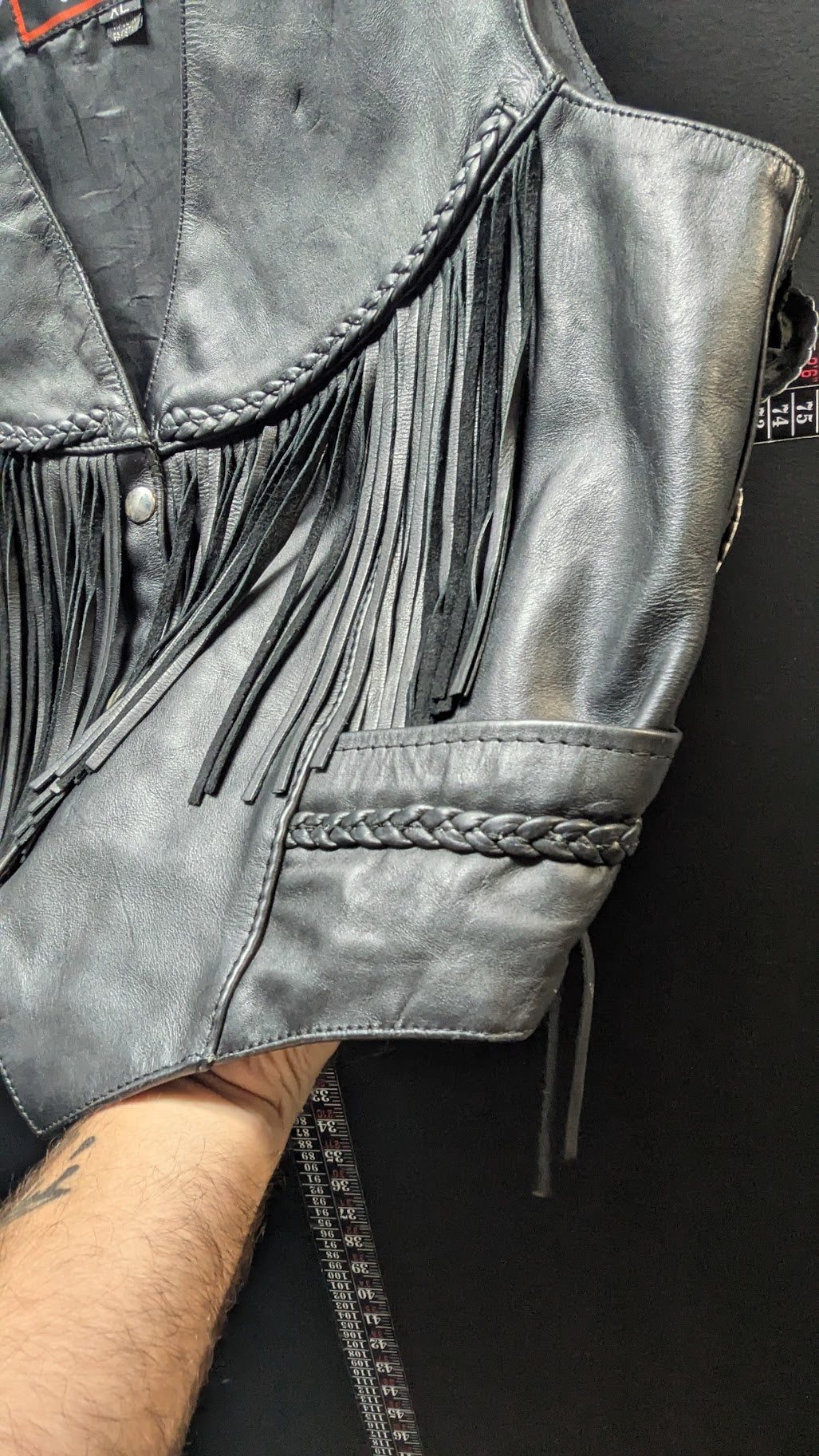 Vintage Interstate Leather Originals Black Leather Fringe Biker Vest XL