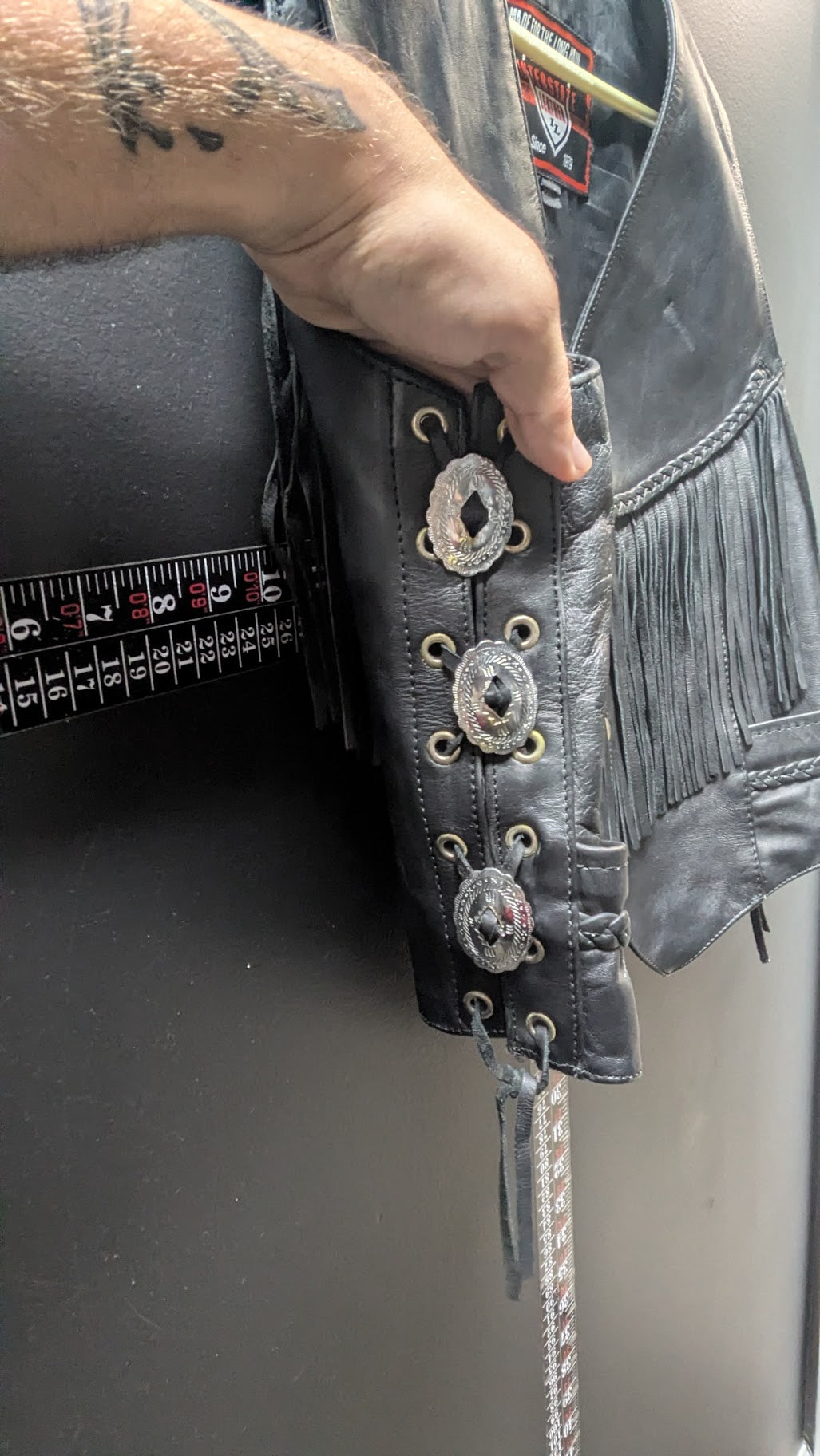 Vintage Interstate Leather Originals Black Leather Fringe Biker Vest XL