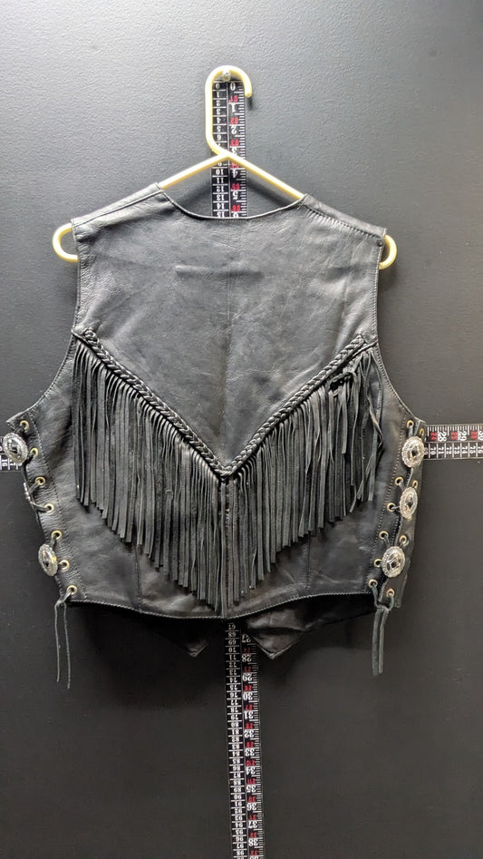 Vintage Interstate Leather Originals Black Leather Fringe Biker Vest XL