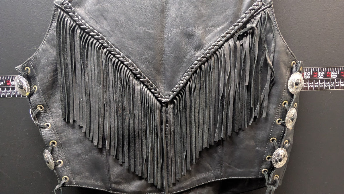 Vintage Interstate Leather Originals Black Leather Fringe Biker Vest XL