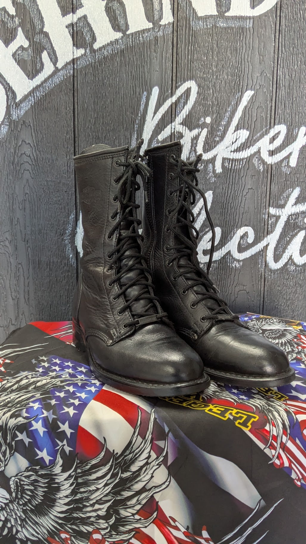Vintage Harley-Davidson Black Leather Lace-Up Side-Zip Motorcycle Boots — Men's 9